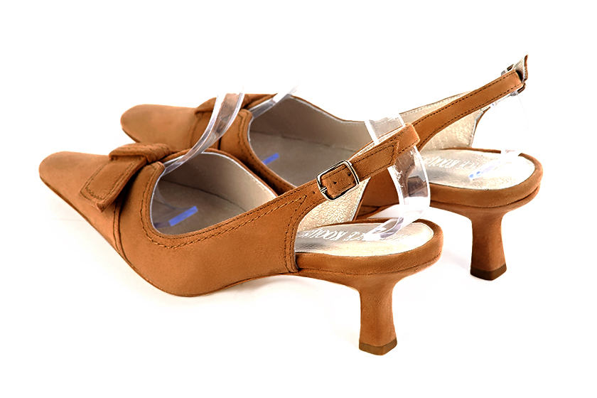 Camel beige women's open back shoes, with a knot. Tapered toe. Medium spool heels. Rear view - Florence KOOIJMAN